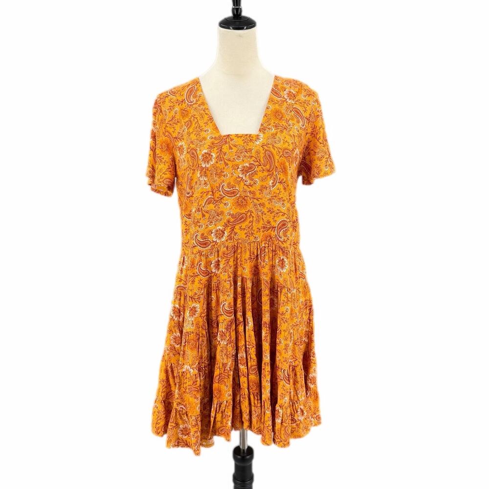 Patrons of Peace Orange Paisley Floral Short Sleeve V-neck Mini Tiered Dress